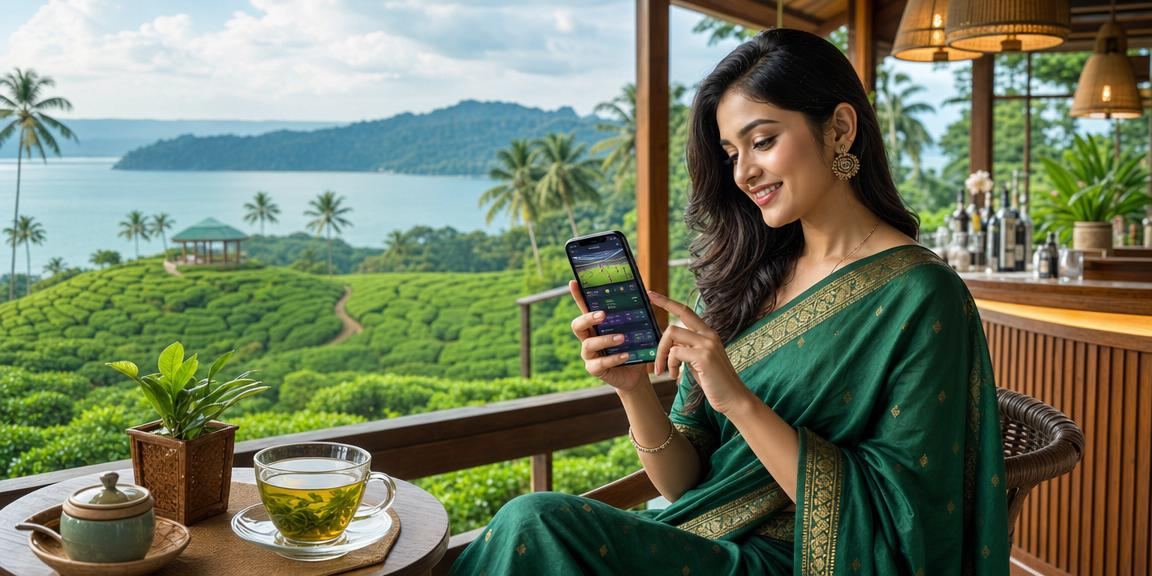 সিলেটে শাড়ি পরিহিত নারী মোবাইলে 8522 বেটিং ব্যবহার করছেন